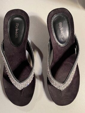 Style & Co. Black Suede/Leather Crystal-Embellished Thong Mules